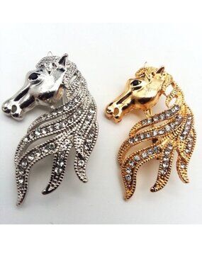 Horse Brooch Crystal Rhinestone Stylish Gold Silver Equestrian Fashion Glam Cute